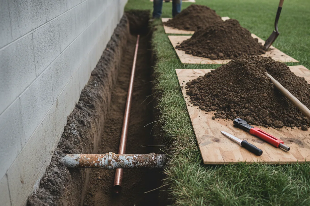Excavated water line trench during Sewer Line Repair in Centerport